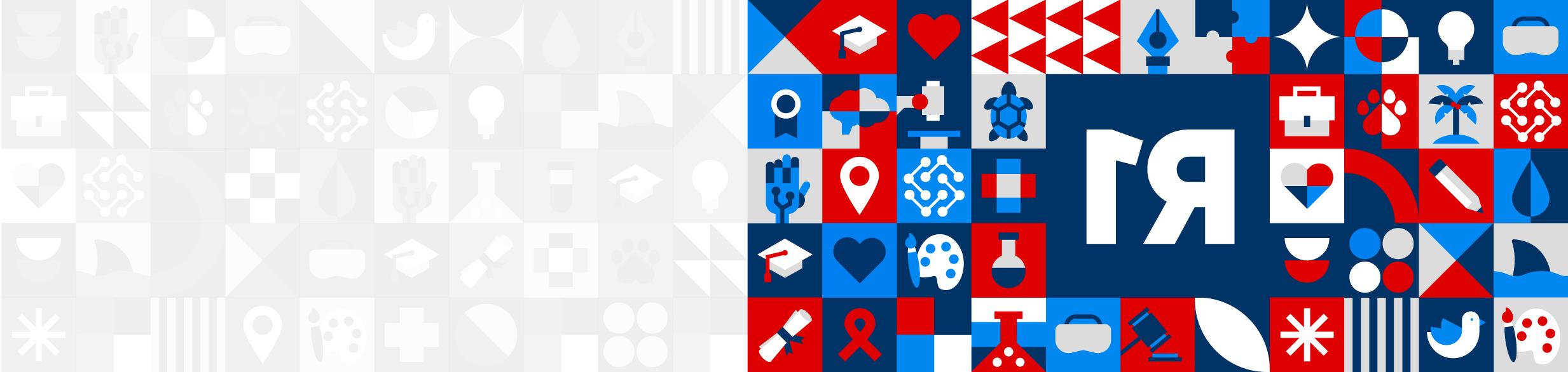 The image features a collage of colorful tiles on the left side, while the right side transitions to a grayscale version of the same pattern. In the colorful section, a prominent blue rectangle contains the text 'R1' in bold white letters. Surrounding the text are various icons representing different fields of a university. These include symbols like a lightbulb, graduation cap, microscope, turtle, pencil, and flask, among others. The tiles come in red, blue, gray, and white, arranged in a grid pattern. Each icon symbolizes a specific area, such as education, science, or art. The right side mirrors these tiles but in a muted grayscale palette, fading into the background.